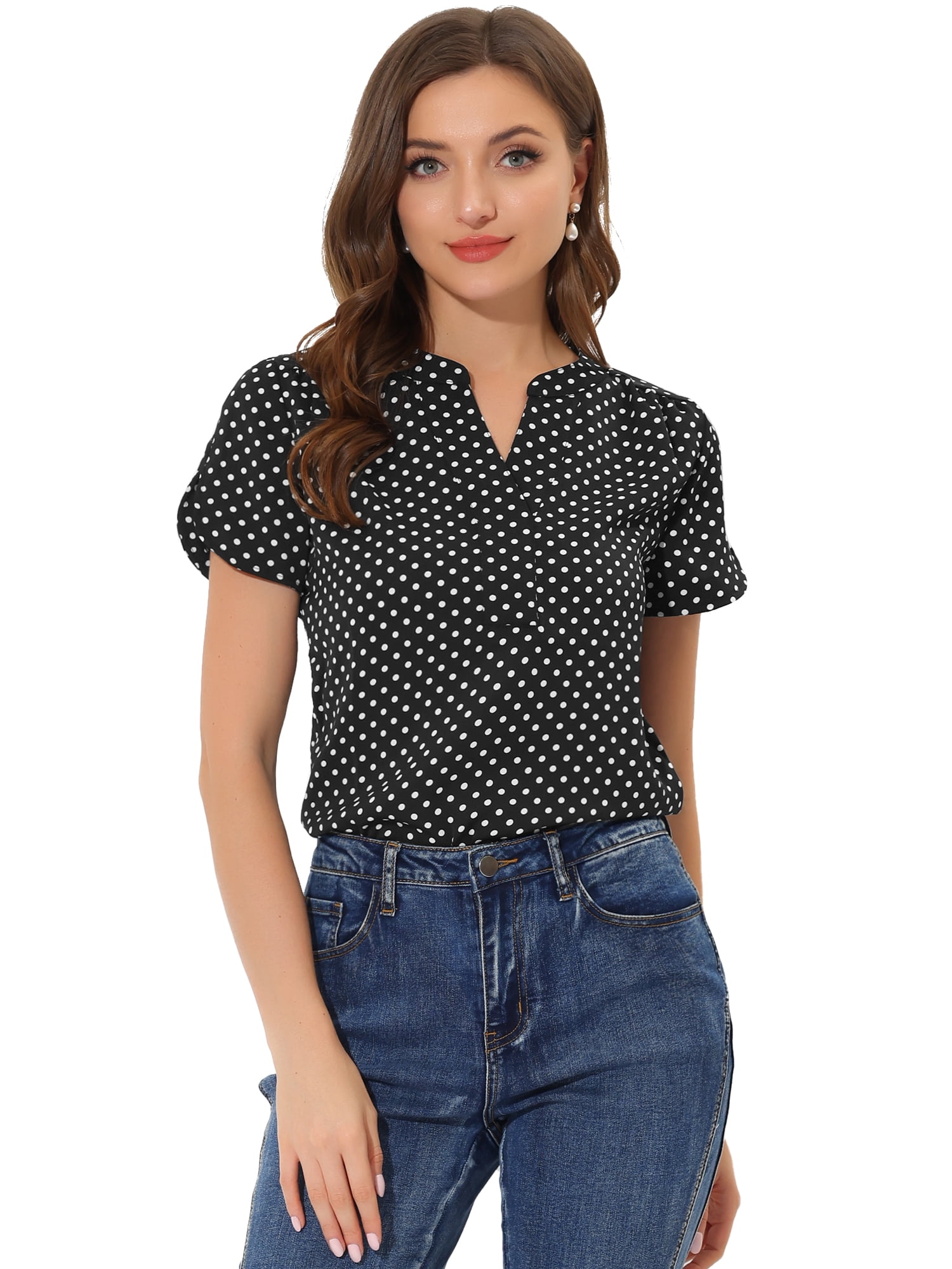DARING DIVA V Neck Dots Printed Work Office Blouse Top M Black