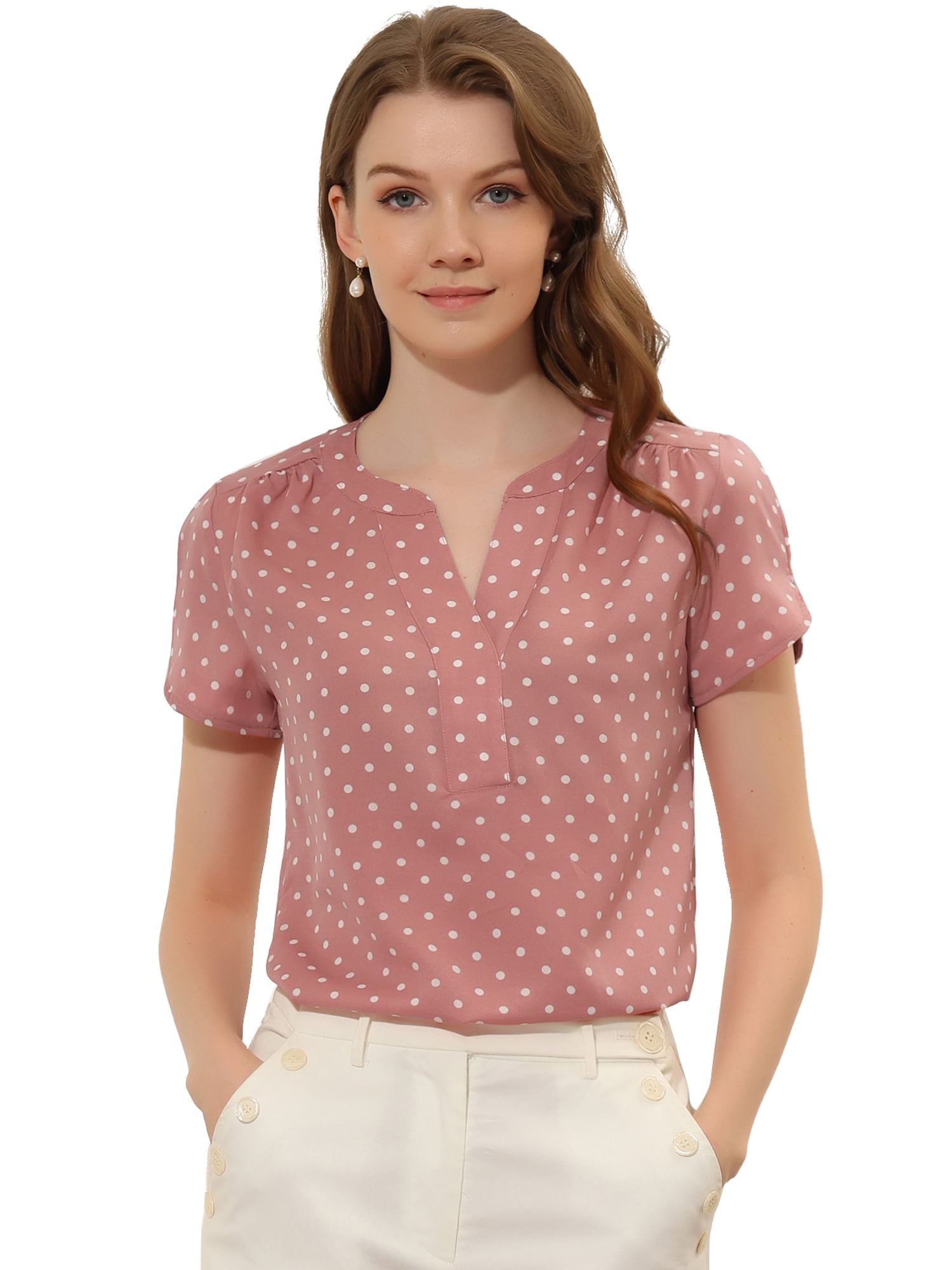 DARING DIVA V Neck Dots Printed Work Office Blouse Top M Pink