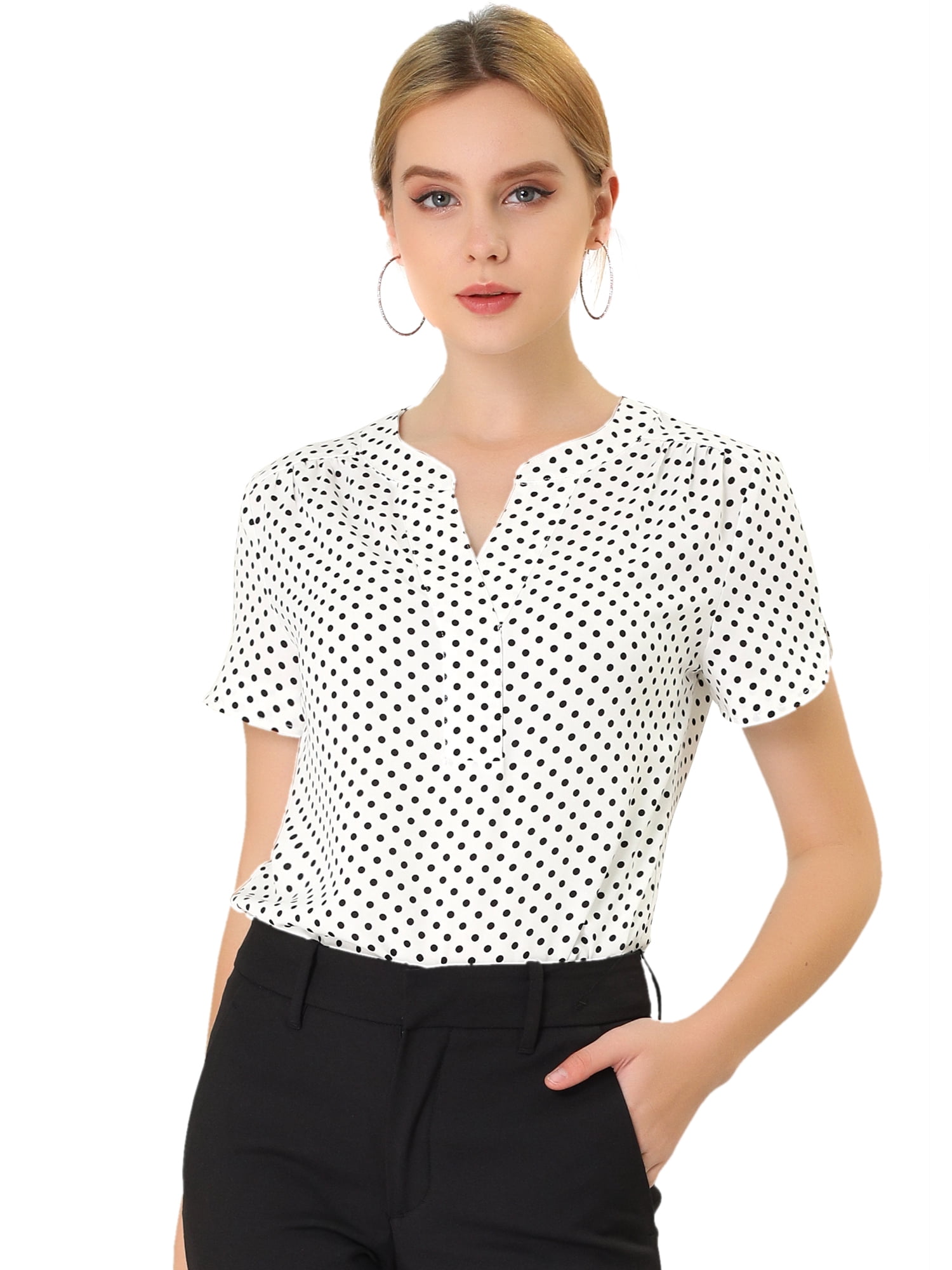 DARING DIVA V Neck Dots Printed Work Office Blouse Top M White