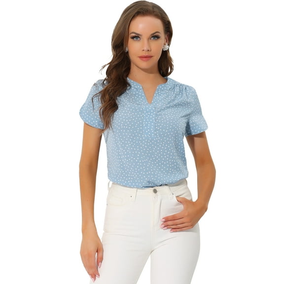 DARING DIVA V Neck Dots Printed Work Office Blouse Top S Light Blue