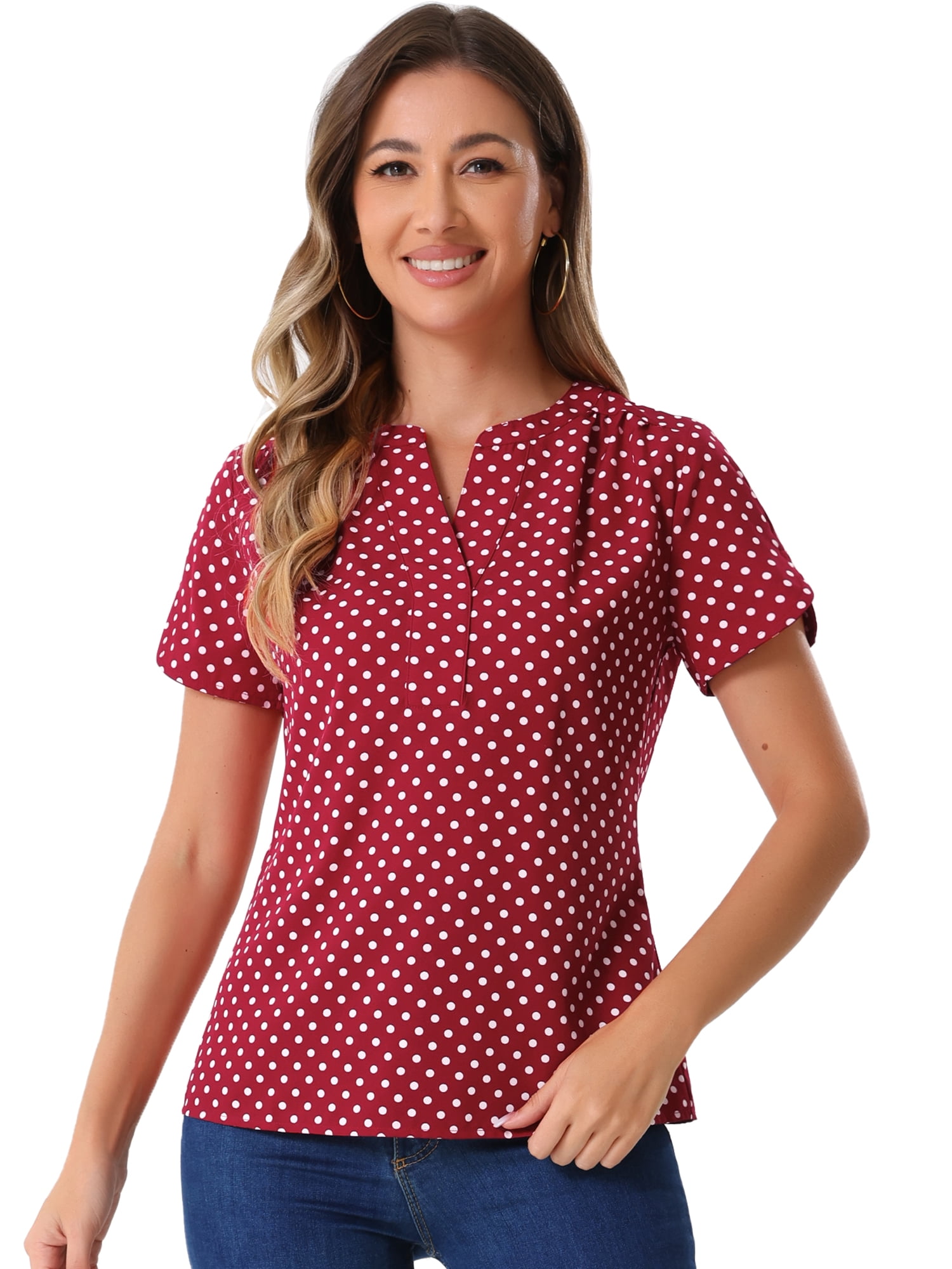 DARING DIVA V Neck Dots Printed Work Office Blouse Top S Red