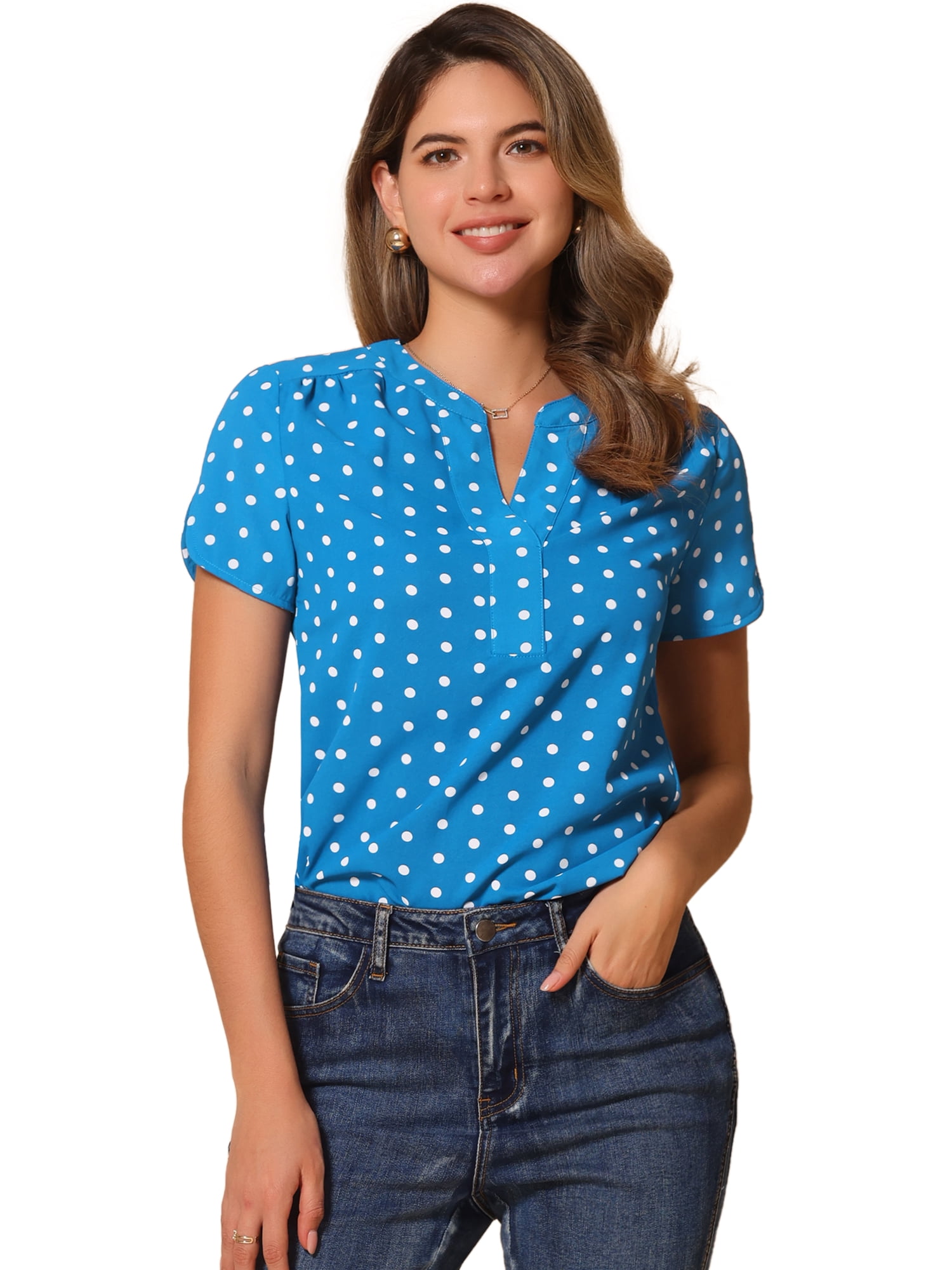 DARING DIVA V Neck Dots Printed Work Office Blouse Top S Sky Blue
