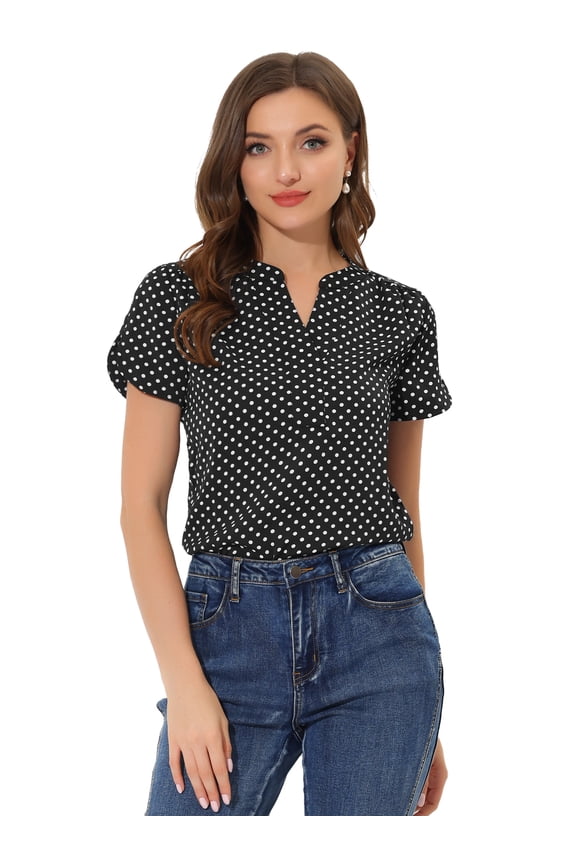 V Neck Dots Printed Work Office Blouse Top XS Black