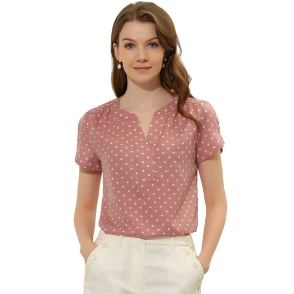 DARING DIVA V Neck Dots Printed Work Office Blouse Top XS Pink