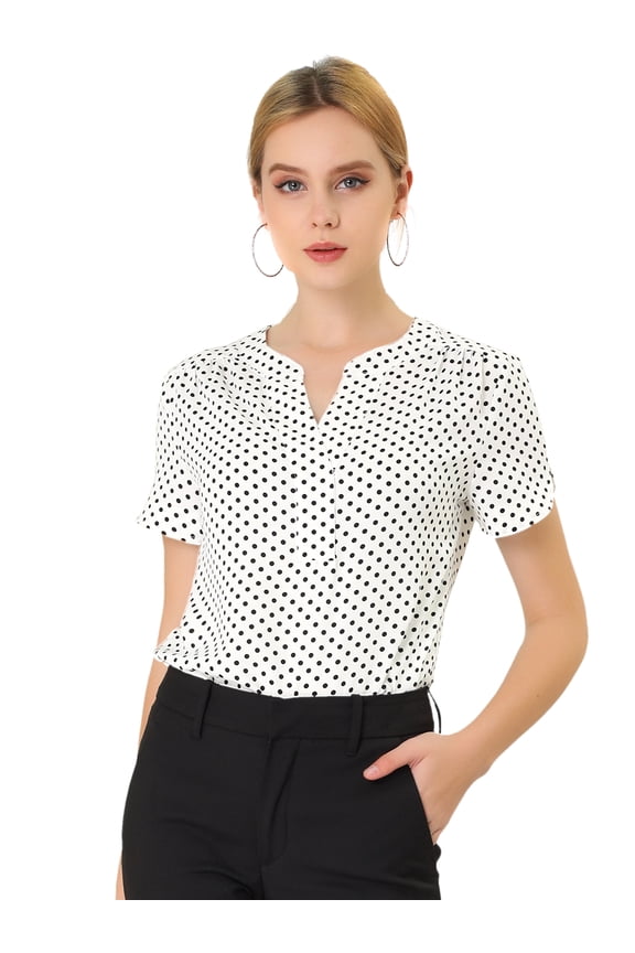 V Neck Dots Printed Work Office Blouse Top XS White