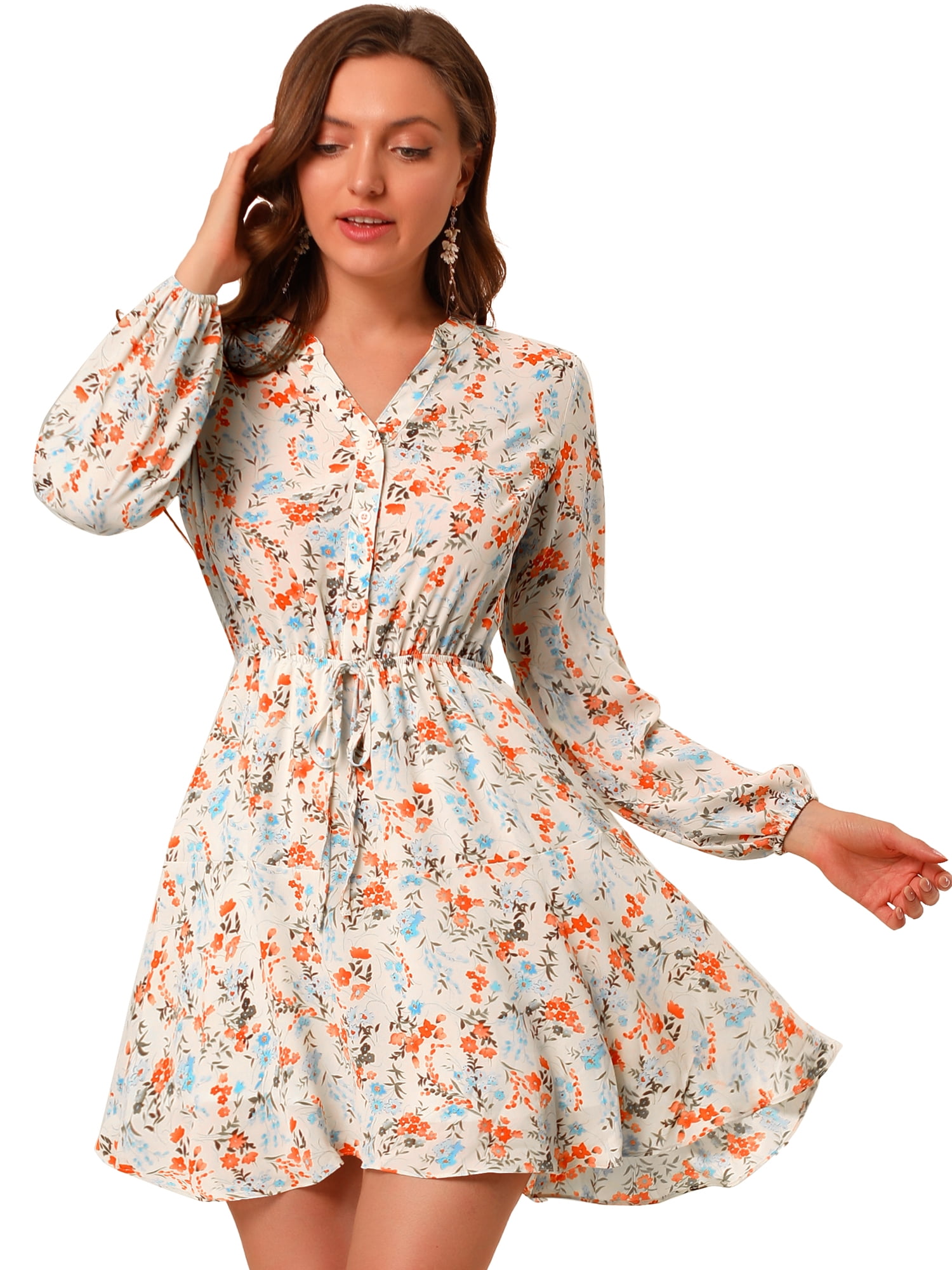 DARING DIVA V Neck Floral Print Elastic Waist Button Down Mini Dress M Beige