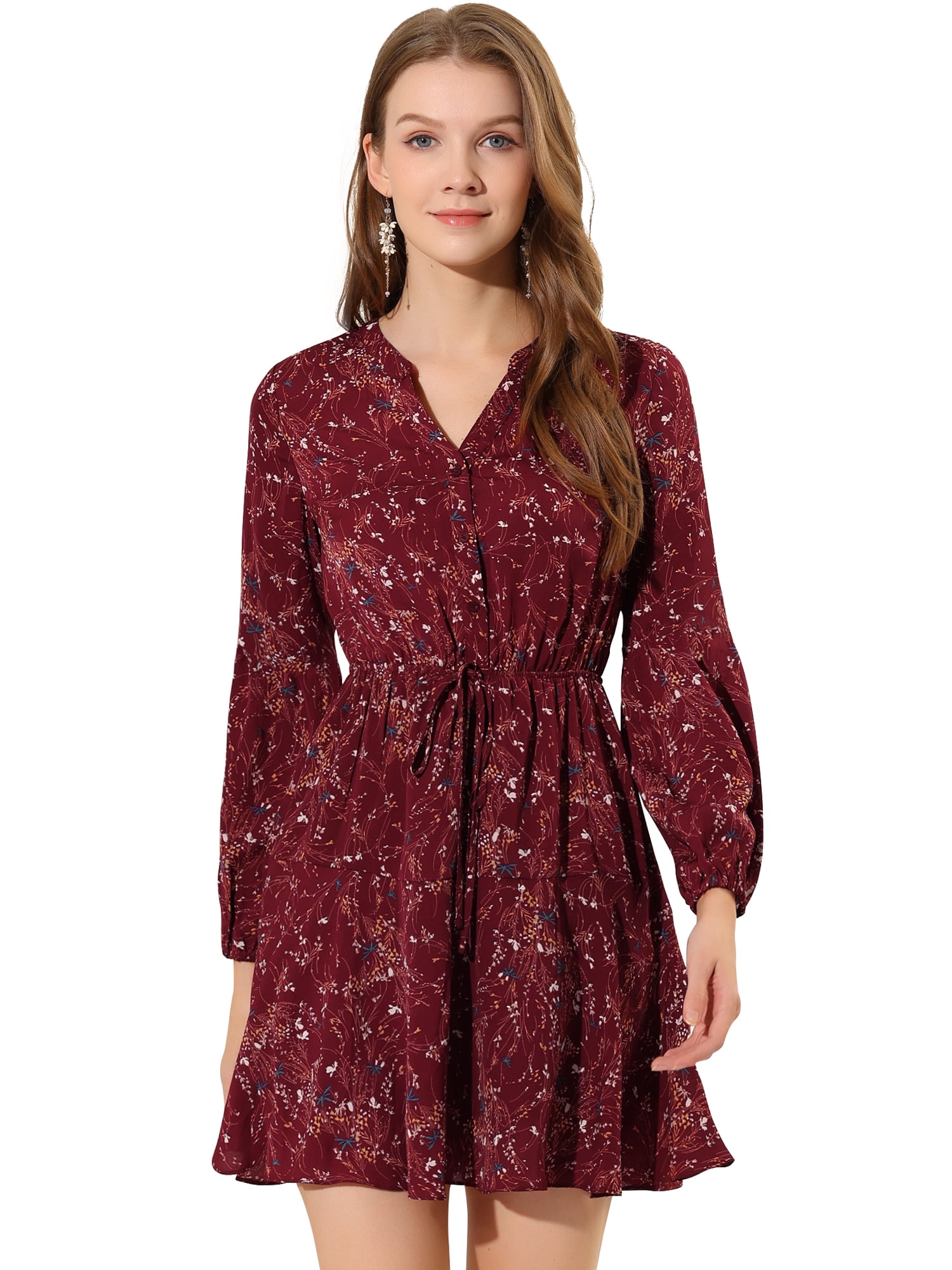 DARING DIVA V Neck Floral Print Elastic Waist Button Down Mini Dress XS Burgundy