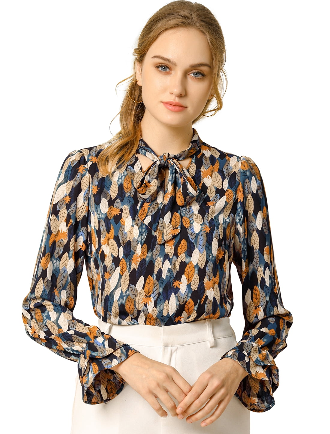 DARING DIVA V Neck Floral Trumpet Long Sleeve Blouse 3XL Blue Orange