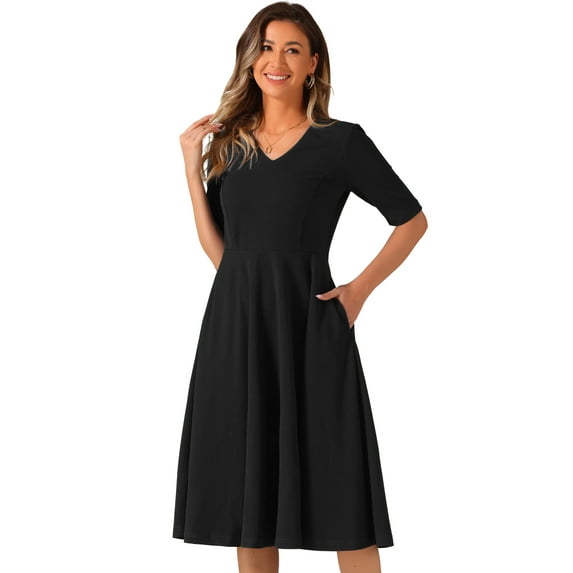 DARING DIVA V Neck Half Sleeve Swing Vintage Dress L Black