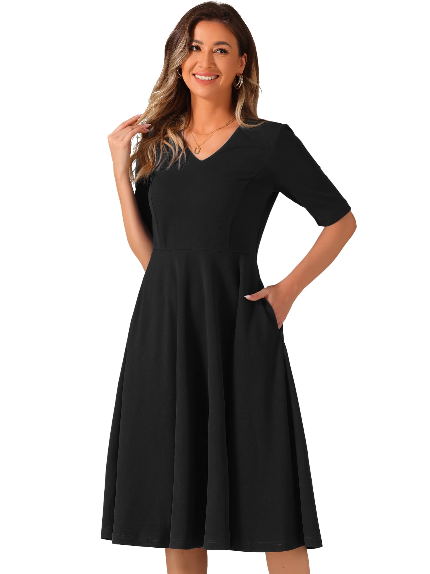 DARING DIVA V Neck Half Sleeve Swing Vintage Dress XS Black