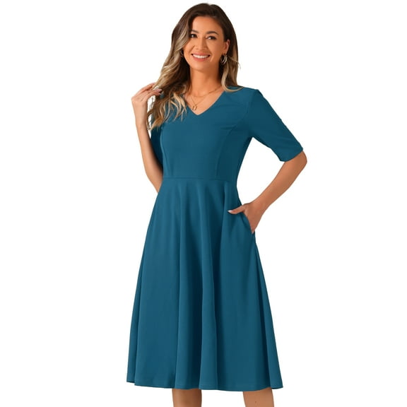 DARING DIVA V Neck Half Sleeve Swing Vintage Dress XS Lake Blue