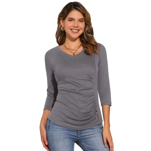 DARING DIVA V Neck Knitted Buttons Decor Ruched Blouse Top 2XL Dark Grey