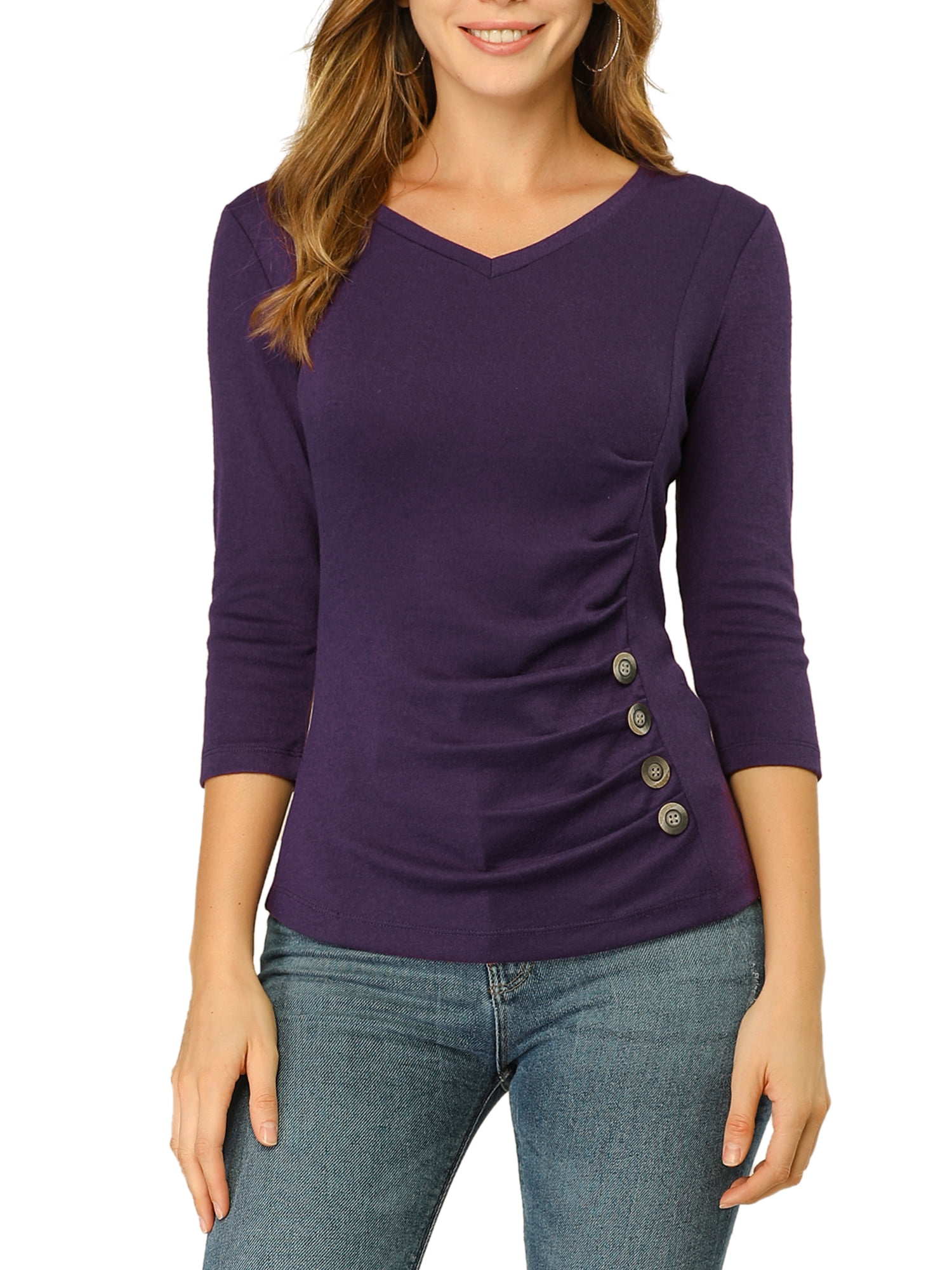 DARING DIVA V Neck Knitted Buttons Decor Ruched Blouse Top 2XL Purple