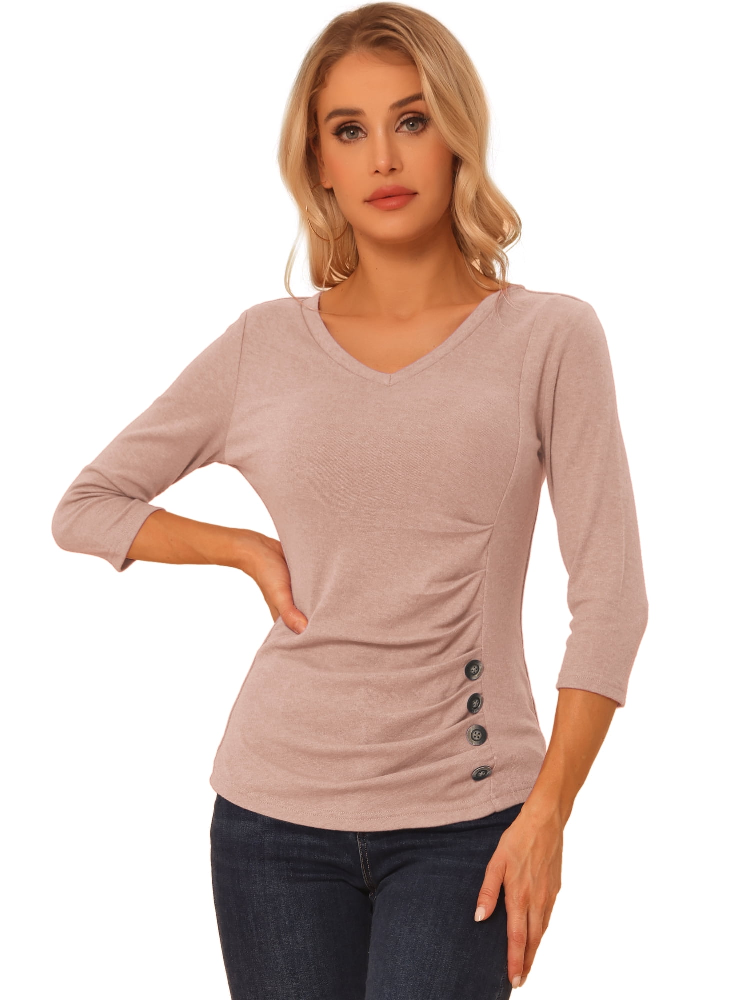 DARING DIVA V Neck Knitted Buttons Decor Ruched Blouse Top 3XL Beige Pink