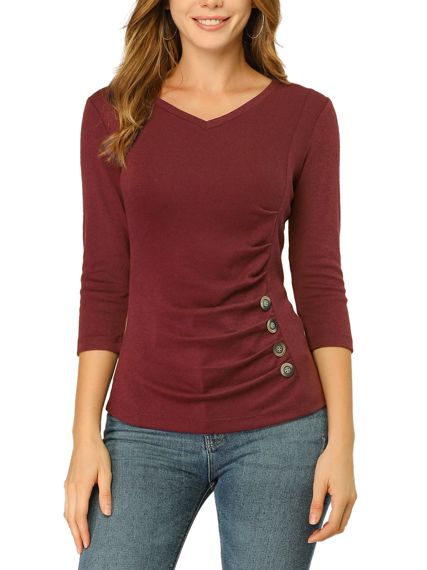 DARING DIVA V Neck Knitted Buttons Decor Ruched Blouse Top L Burgundy