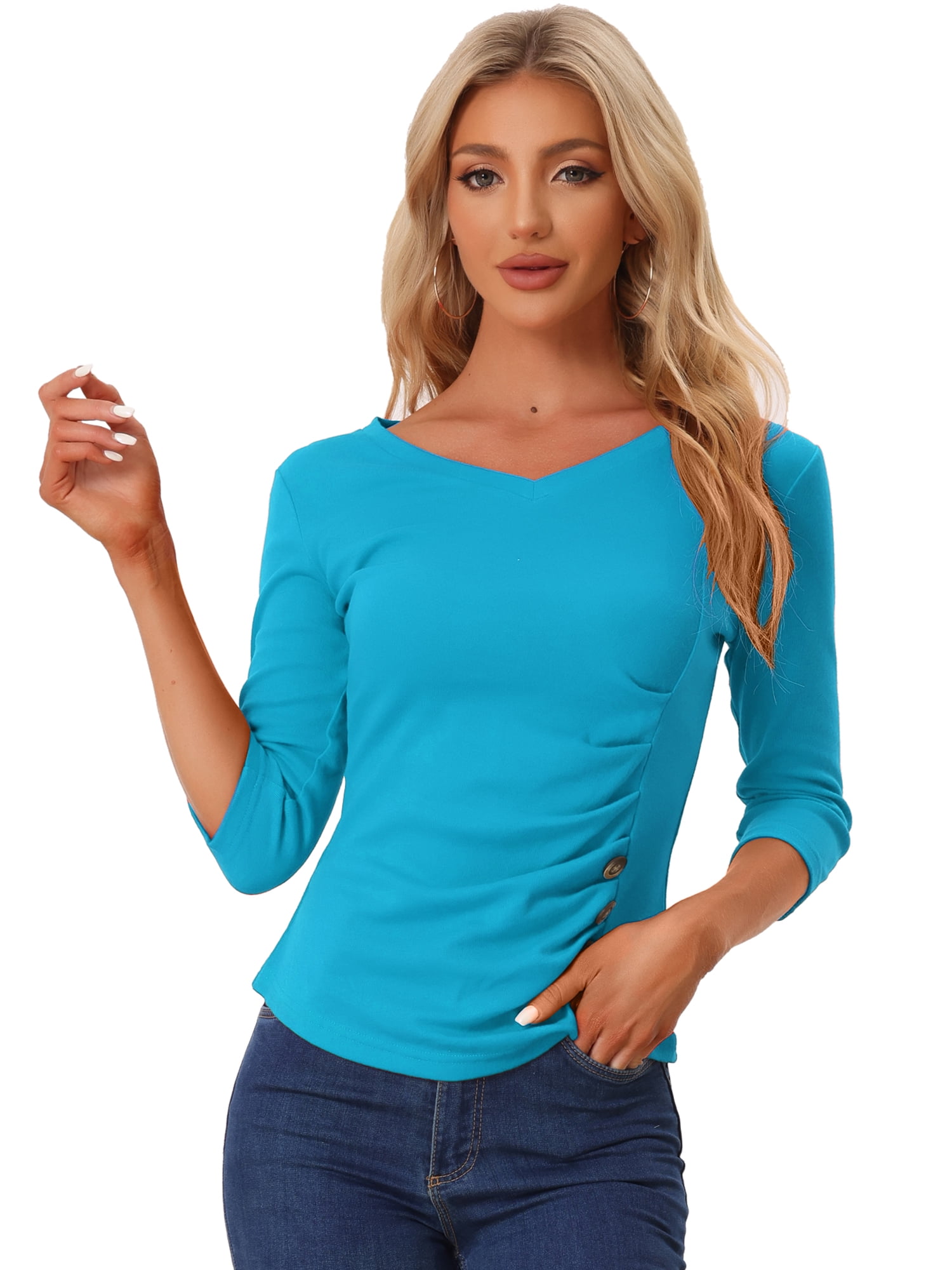 DARING DIVA V Neck Knitted Buttons Decor Ruched Blouse Top L Lake Blue