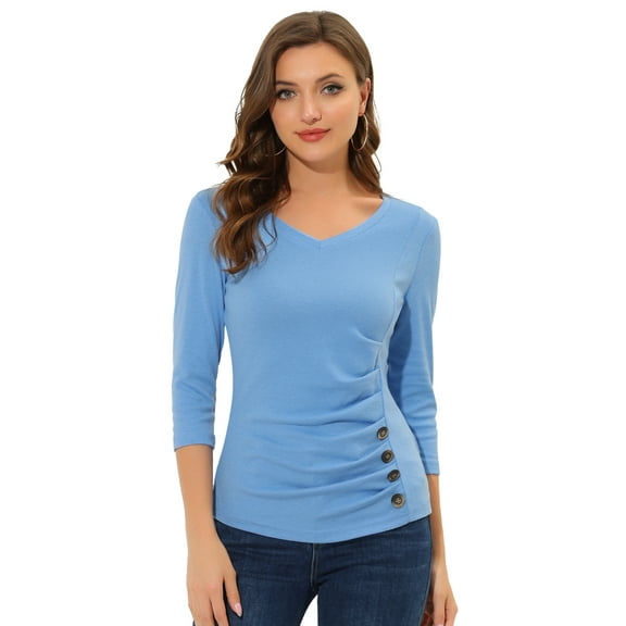 DARING DIVA V Neck Knitted Buttons Decor Ruched Blouse Top L Light Blue