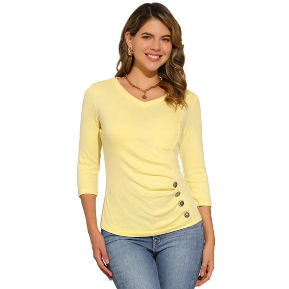 DARING DIVA V Neck Knitted Buttons Decor Ruched Blouse Top L Light Yellow