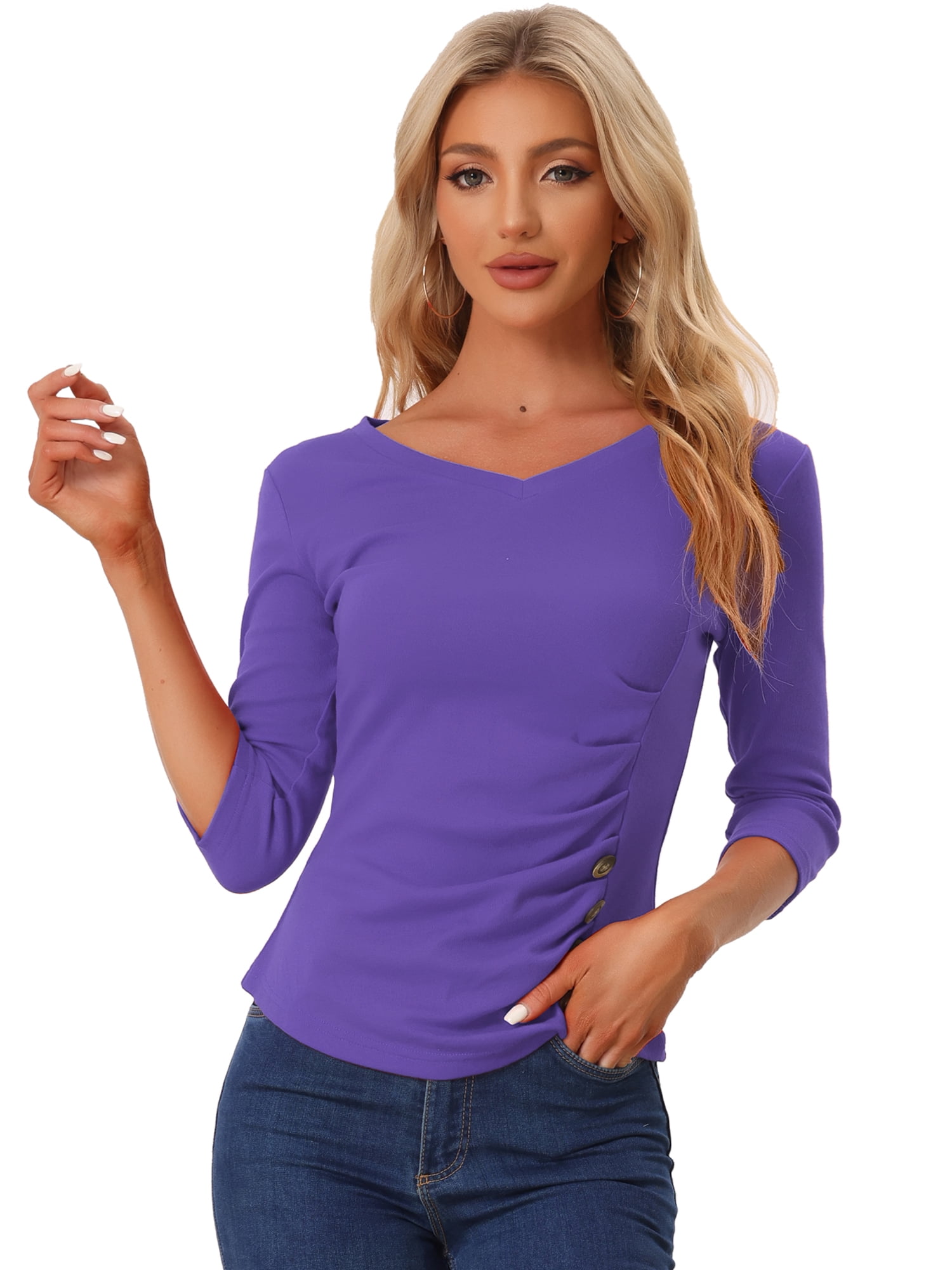 DARING DIVA V Neck Knitted Buttons Decor Ruched Blouse Top L Violet