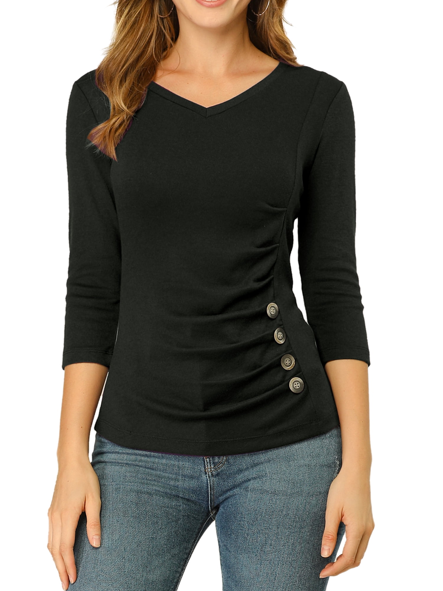 DARING DIVA V Neck Knitted Buttons Decor Ruched Blouse Top M Black