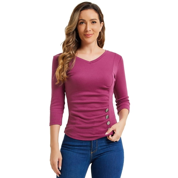 DARING DIVA V Neck Knitted Buttons Decor Ruched Blouse Top M Grape Purple