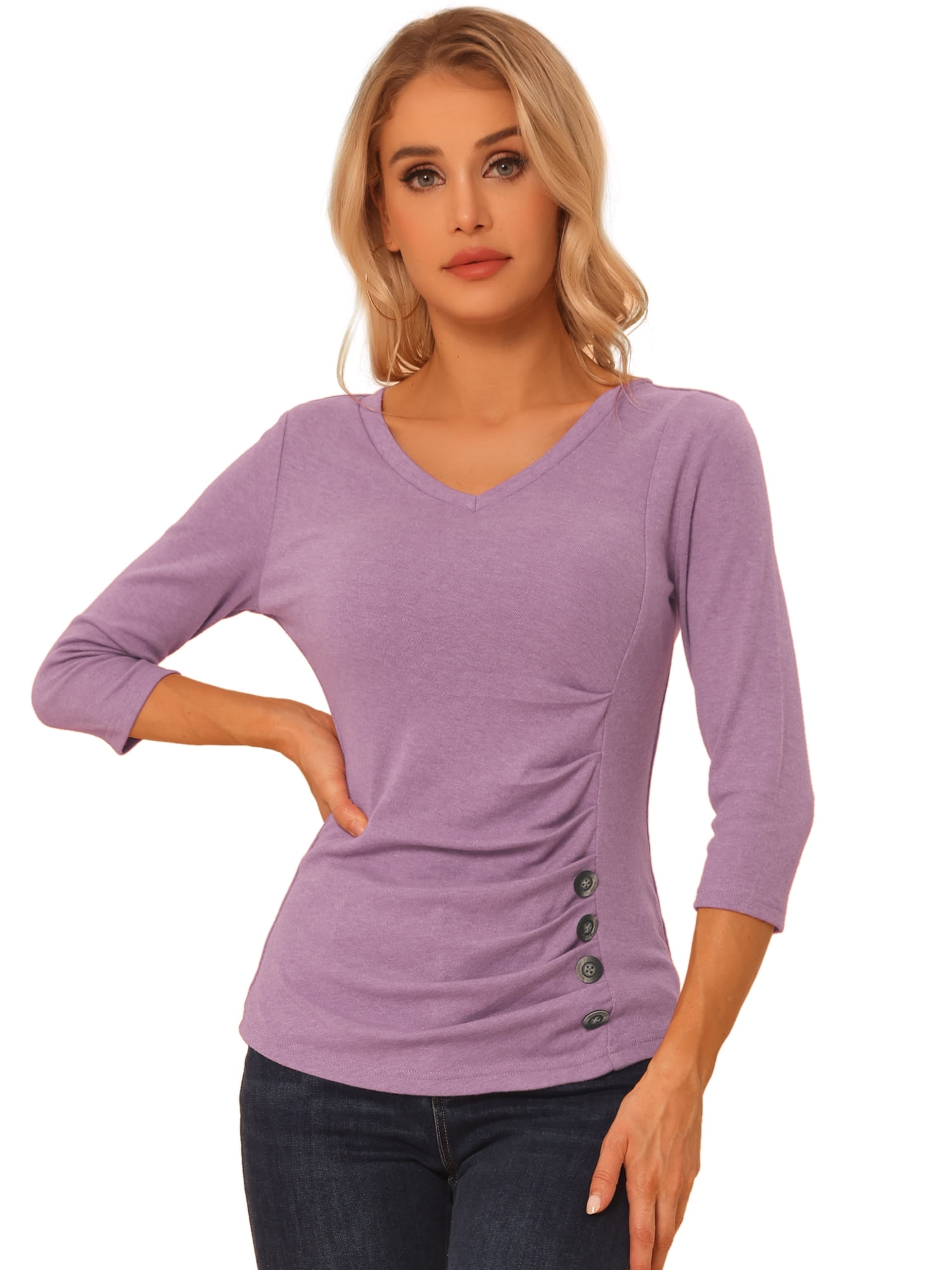 DARING DIVA V Neck Knitted Buttons Decor Ruched Blouse Top M Gray Purple