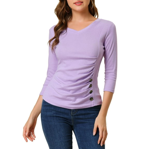 DARING DIVA V Neck Knitted Buttons Decor Ruched Blouse Top M Light Purple