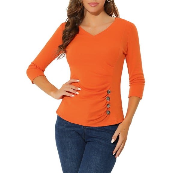 DARING DIVA V Neck Knitted Buttons Decor Ruched Blouse Top M Orange