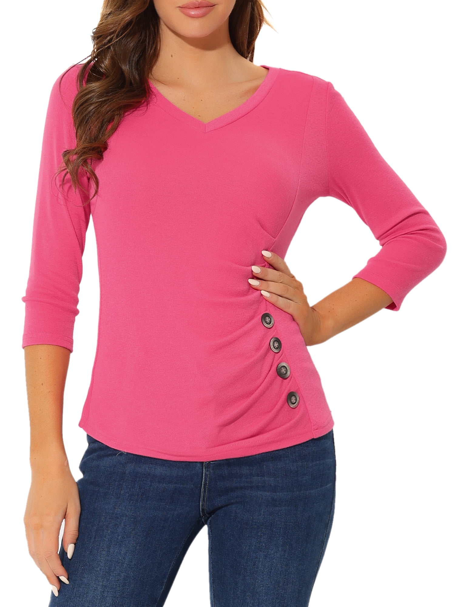 DARING DIVA V Neck Knitted Buttons Decor Ruched Blouse Top S Hot Pink