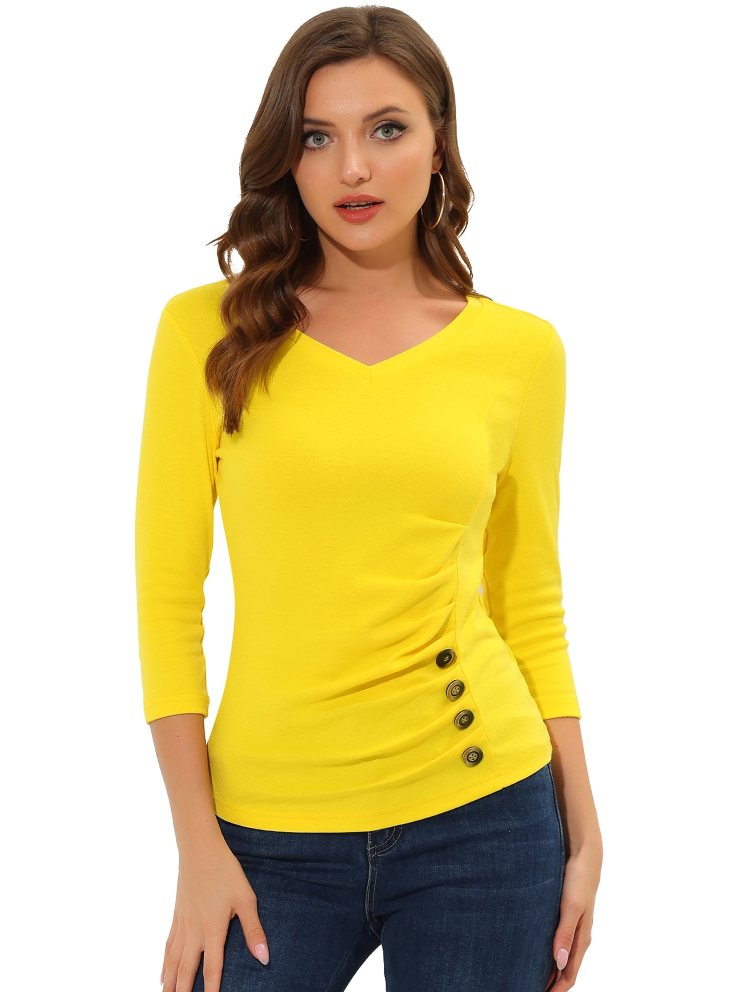 DARING DIVA V Neck Knitted Buttons Decor Ruched Blouse Top XL Lemon Yellow