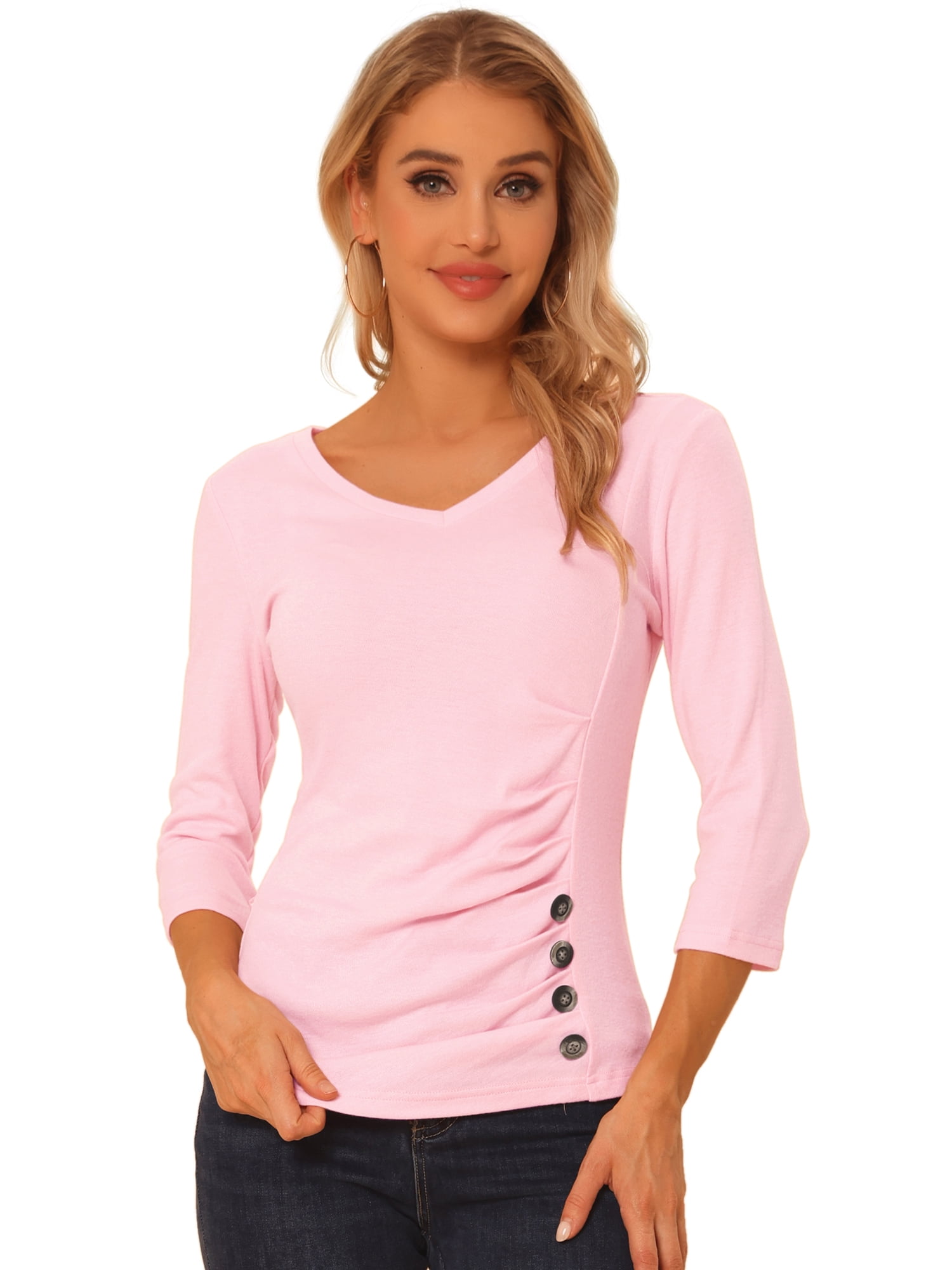 DARING DIVA V Neck Knitted Buttons Decor Ruched Blouse Top XL Light Pink