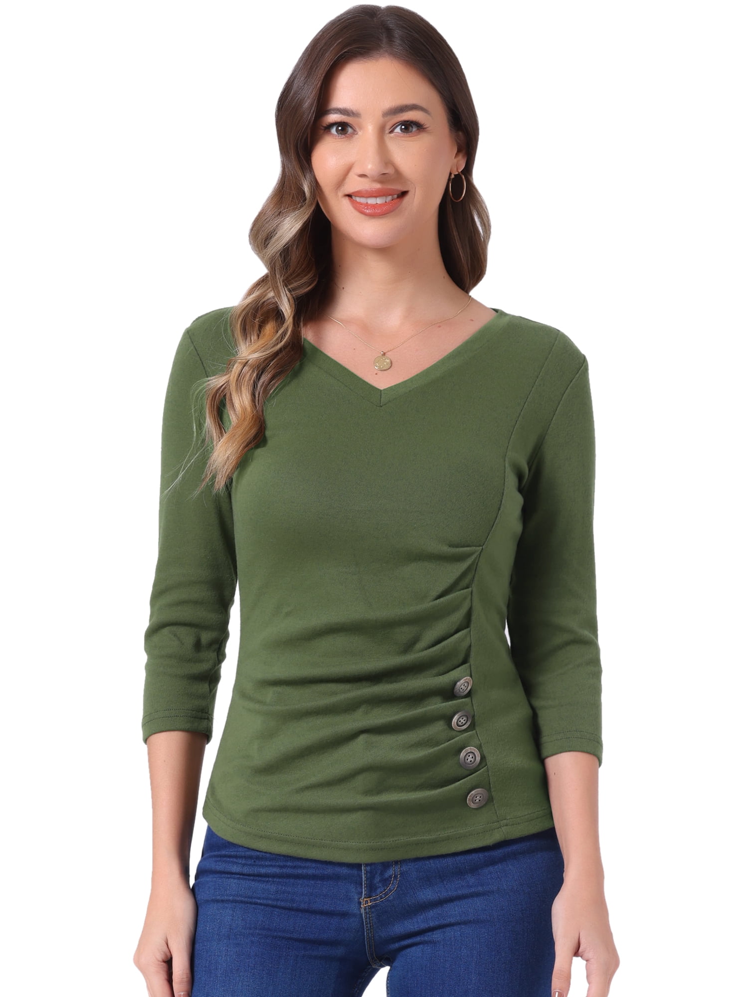 DARING DIVA V Neck Knitted Buttons Decor Ruched Blouse Top XL Olive Green