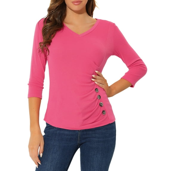 DARING DIVA V Neck Knitted Buttons Decor Ruched Blouse Top XS Hot Pink