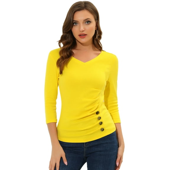 DARING DIVA V Neck Knitted Buttons Decor Ruched Blouse Top XS Lemon Yellow