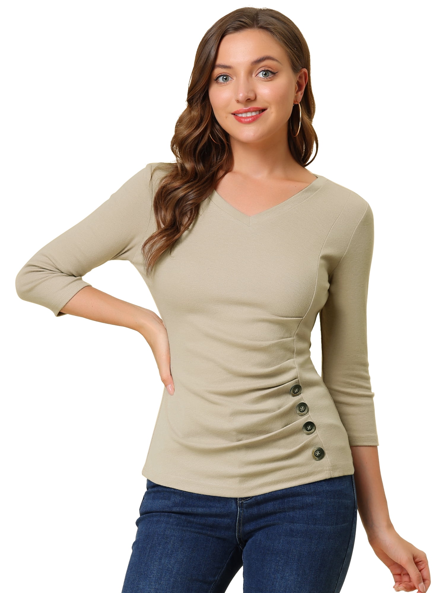 DARING DIVA V Neck Knitted Buttons Decor Ruched Blouse Top XS Light Khaki