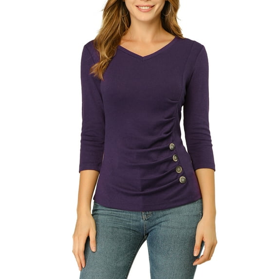 DARING DIVA V Neck Knitted Buttons Decor Ruched Blouse Top XS Purple