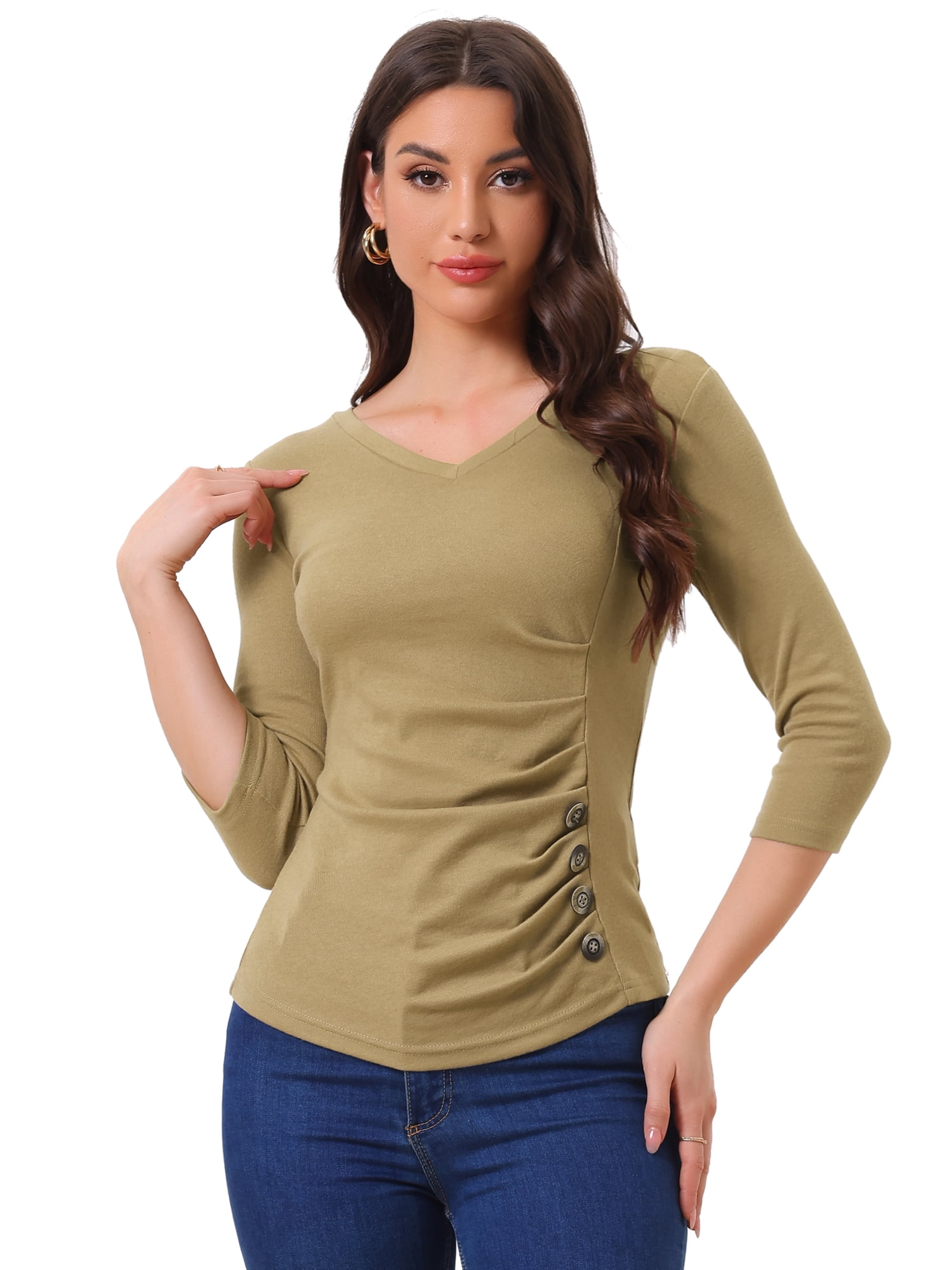 DARING DIVA V Neck Knitted Buttons Decor Ruched Blouse Top XS Tan