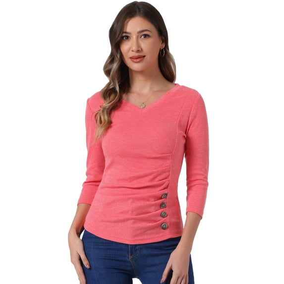 DARING DIVA V Neck Knitted Buttons Decor Ruched Blouse Top XS Watermelon Red