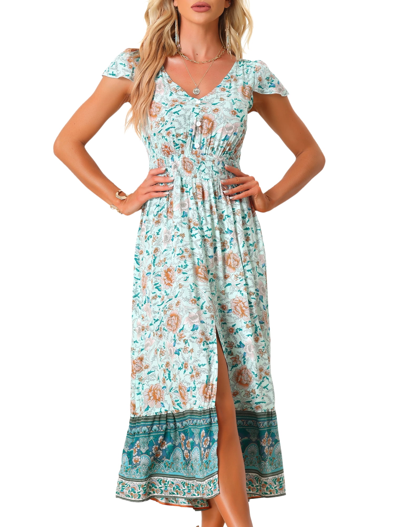 DARING DIVA V Neck Long Boho Floral Smocked Waist Dress S Green