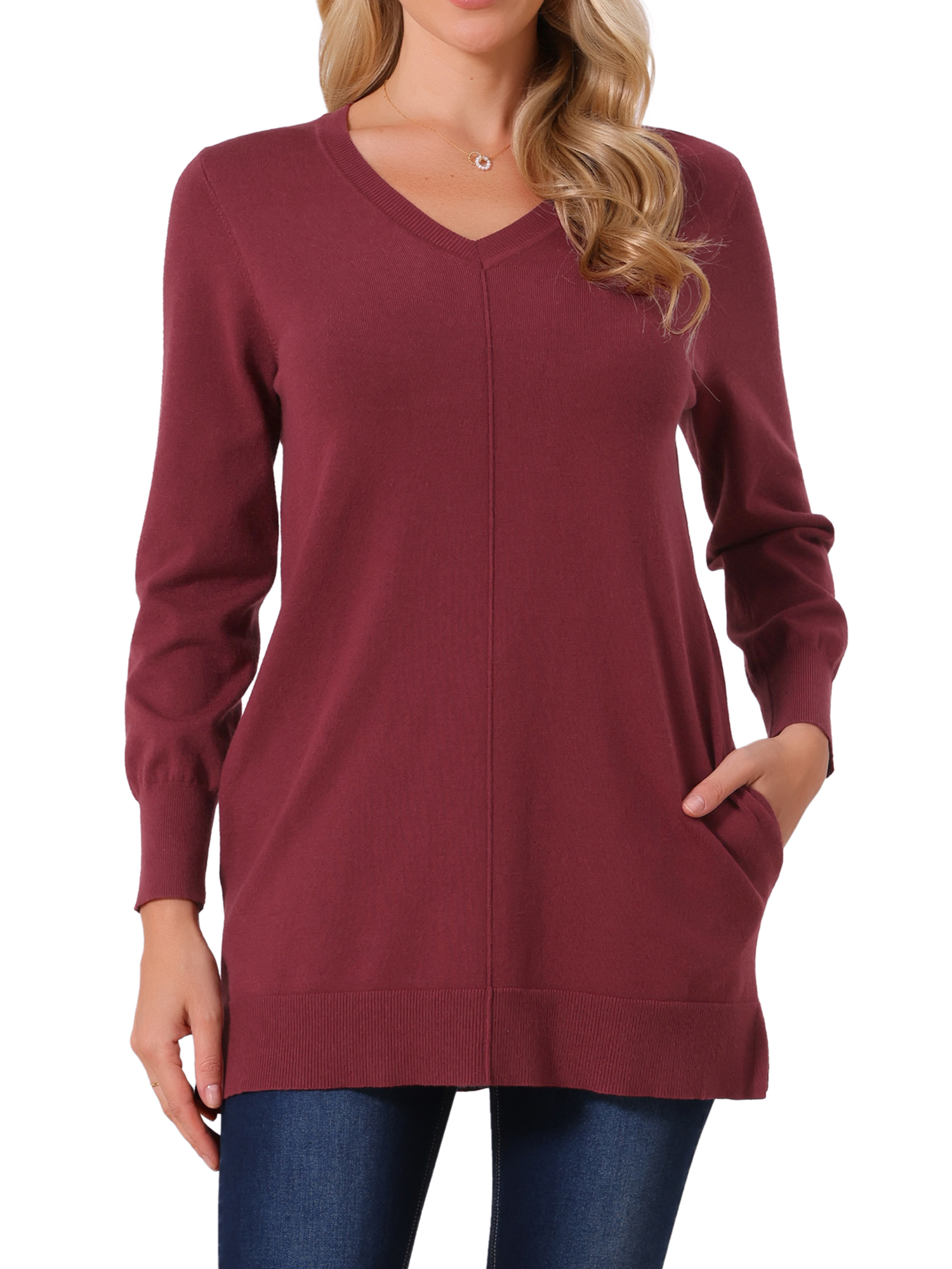DARING DIVA V Neck Long Sleeve Chunky Knit Pullover Sweater XL Wine Red