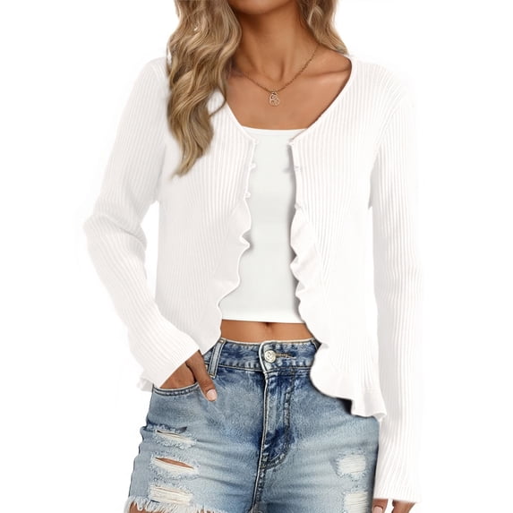 DARING DIVA Women's Ruffle Cardigan V Neck Long Sleeve Open Front Knit Bolero Shrugs S White