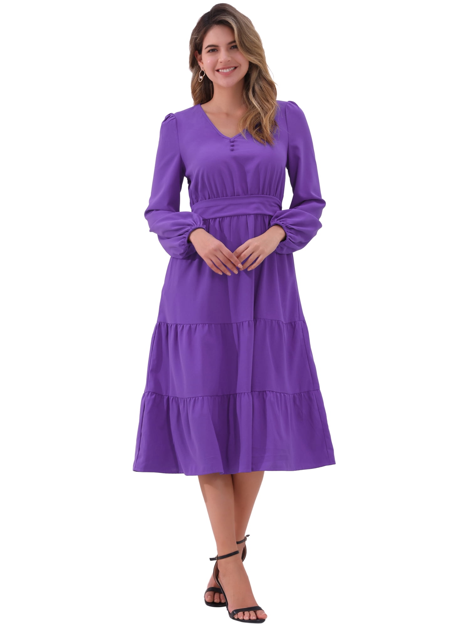 DARING DIVA V Neck Long Sleeve Ruffle Flowy Midi Dress L Purple