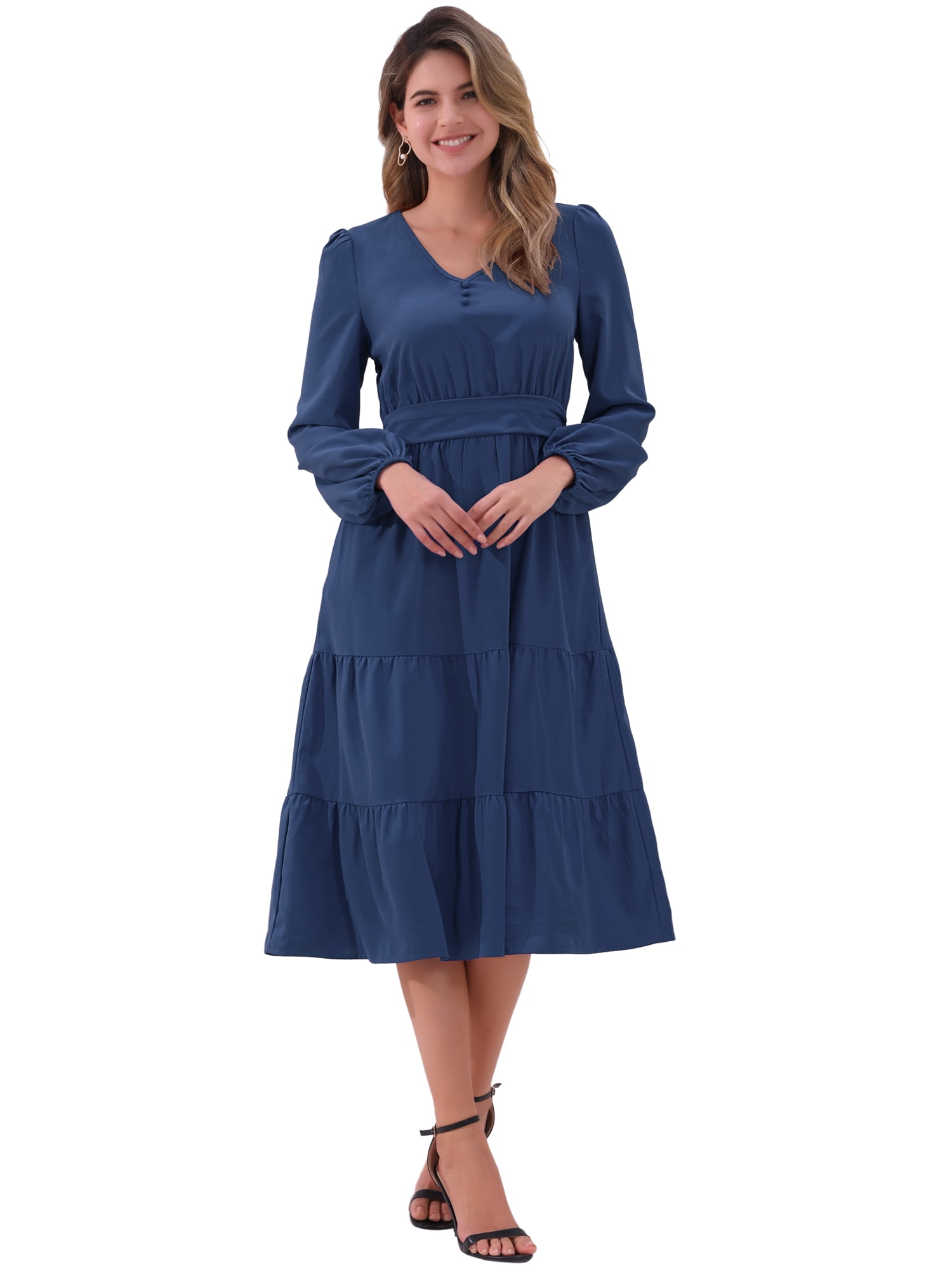 DARING DIVA V Neck Long Sleeve Ruffle Flowy Midi Dress M Dark Blue