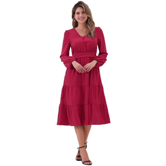 DARING DIVA V Neck Long Sleeve Ruffle Flowy Midi Dress M Dark Red