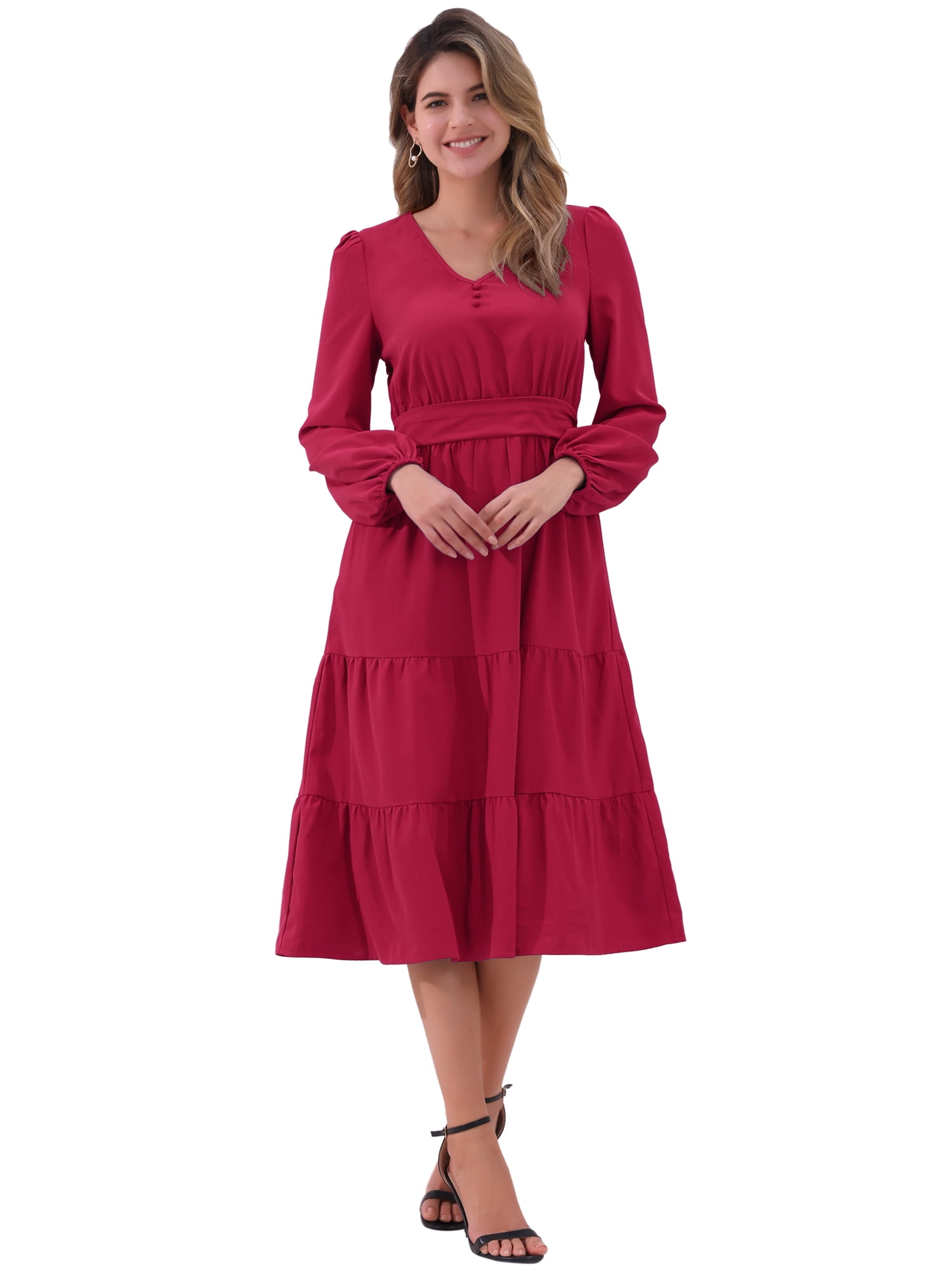 DARING DIVA V Neck Long Sleeve Ruffle Flowy Midi Dress S Dark Red