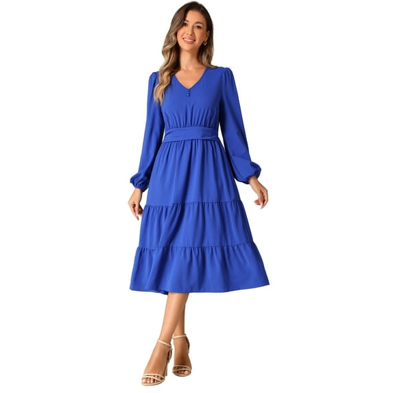 DARING DIVA V Neck Long Sleeve Ruffle Flowy Midi Dress S Royal Blue
