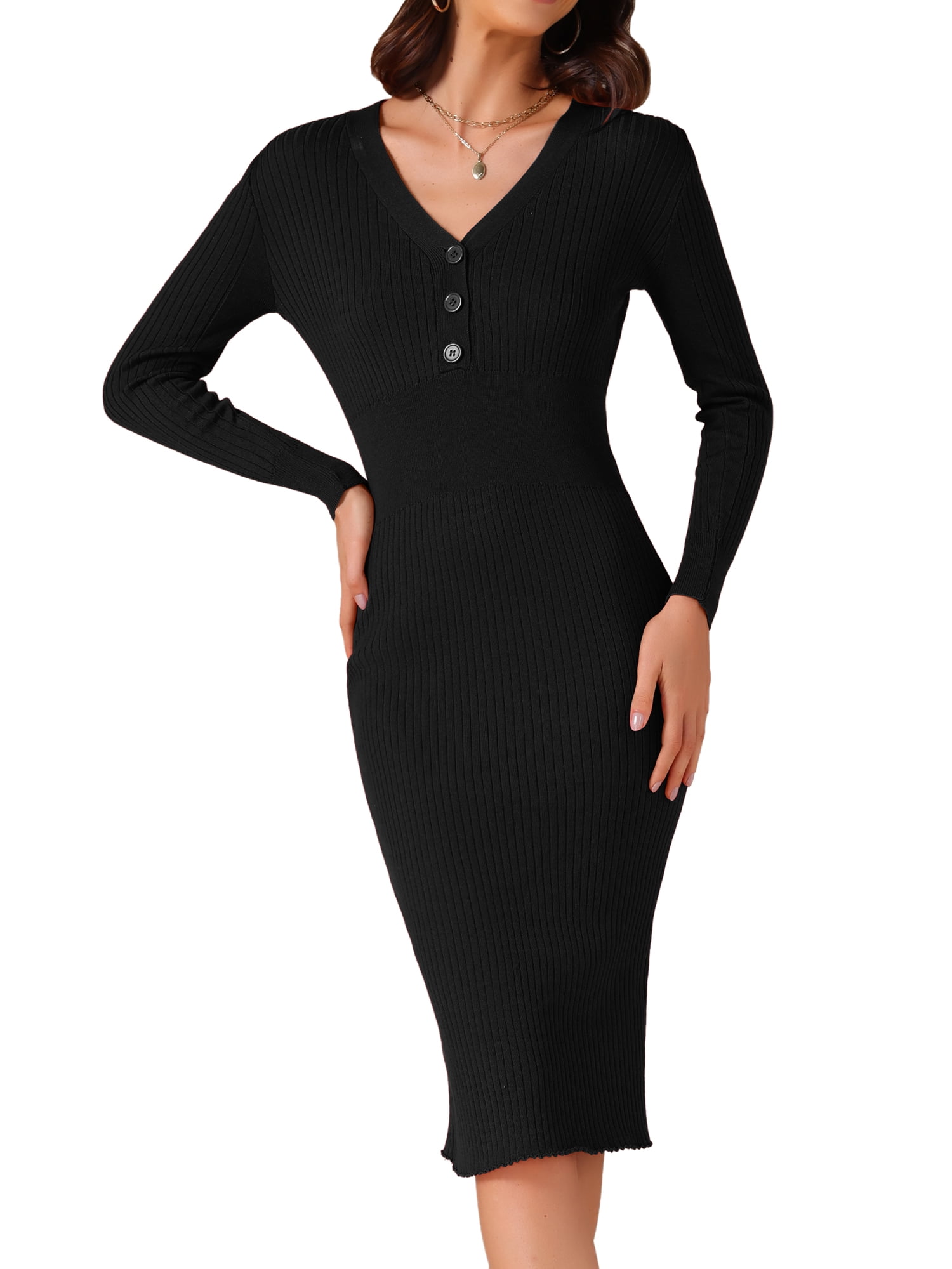 Daring Diva V Neck Long Sleeve Slim Fitted Midi Dress L Black