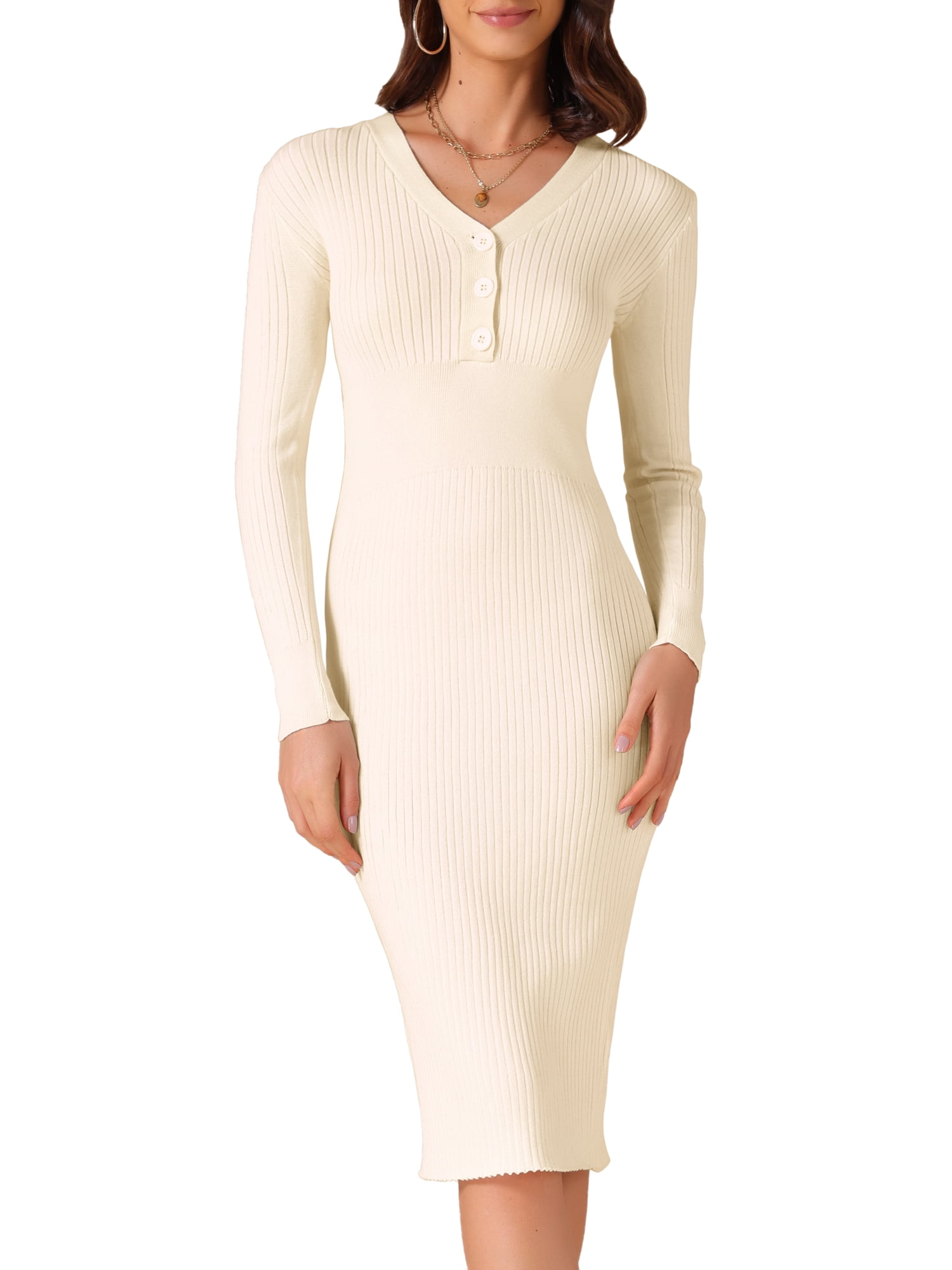 DARING DIVA V Neck Long Sleeve Slim Fitted Midi Dress M Apricot