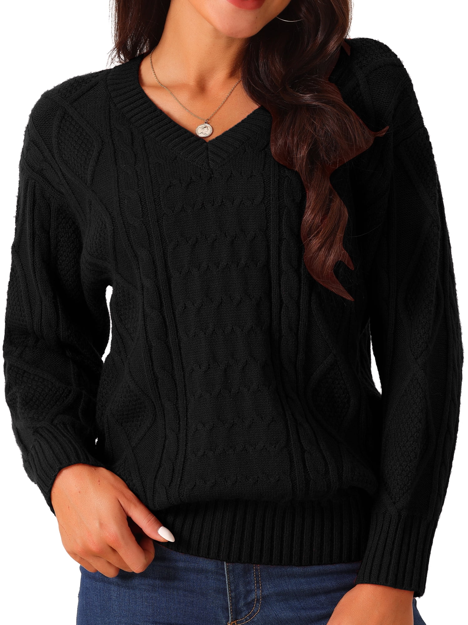 DARING DIVA V Neck Long Sleeve Sweater Casual Loose Chunky Pullover L Black