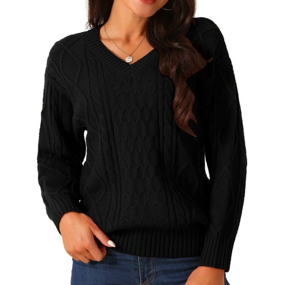 DARING DIVA V Neck Long Sleeve Sweater Casual Loose Chunky Pullover M Black
